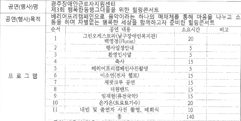 ○ 공연명 :&nbsp;장애인근로자지원센터 제3회 행복한 동행 그대들을 위한 힐링콘서트